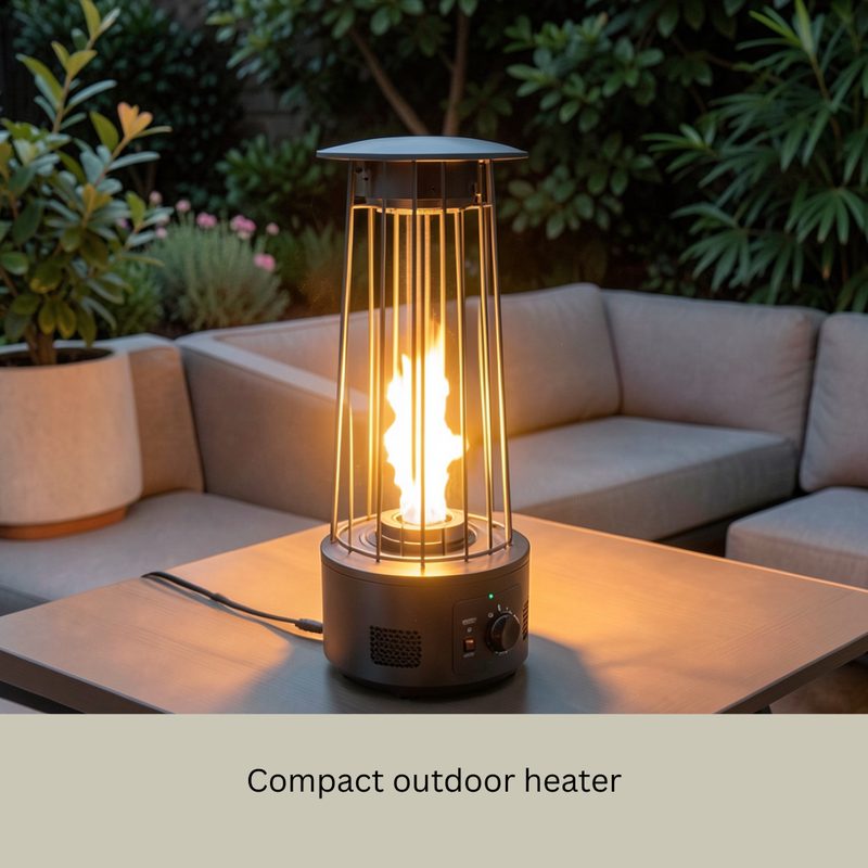 A compact table-top outdoor heater with a visible flame