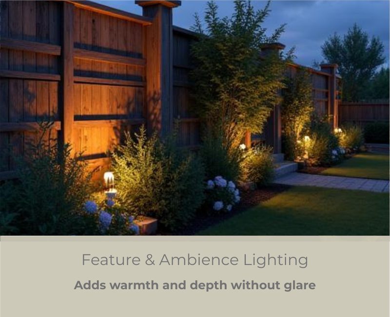 Uplighting on a fence and planting, adding warmth and depth to a garden at night