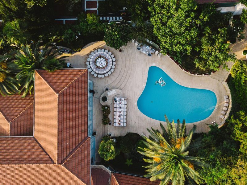 An aerial view of a garden swimming pool