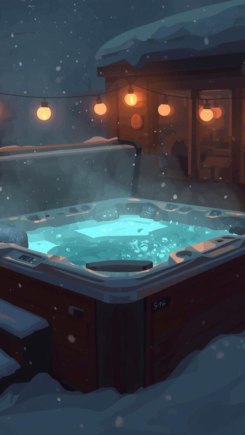 An illustration of a hot tub in a snowy garden at night