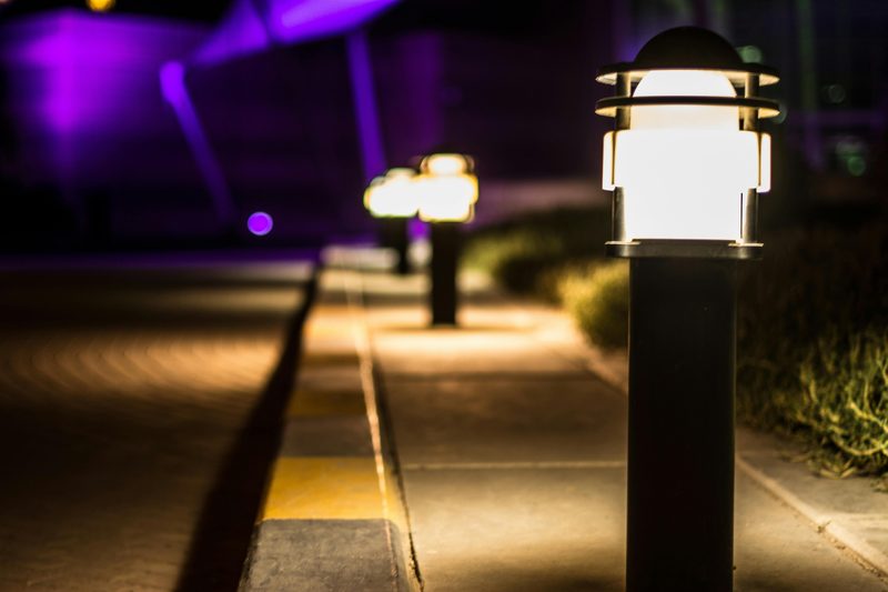 Garden path lights glowing at night
