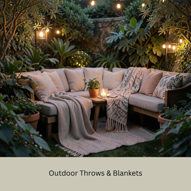 Outdoor throws and blankets over a garden sofa