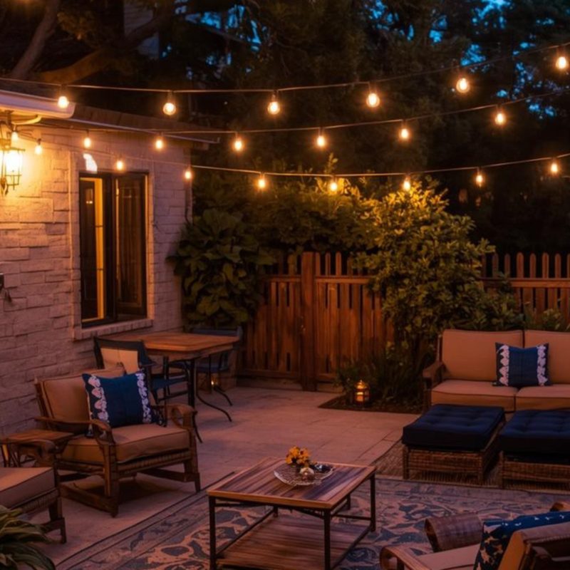 A patio lit with warm string lights at night
