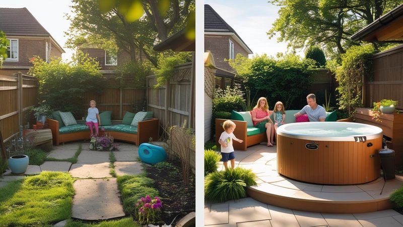 Before and after views of small gardens with seating, a hot tub and children playing