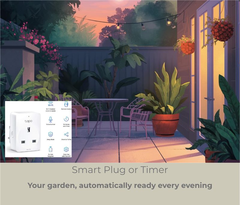 An outdoor smart plug shown beside a lit evening patio