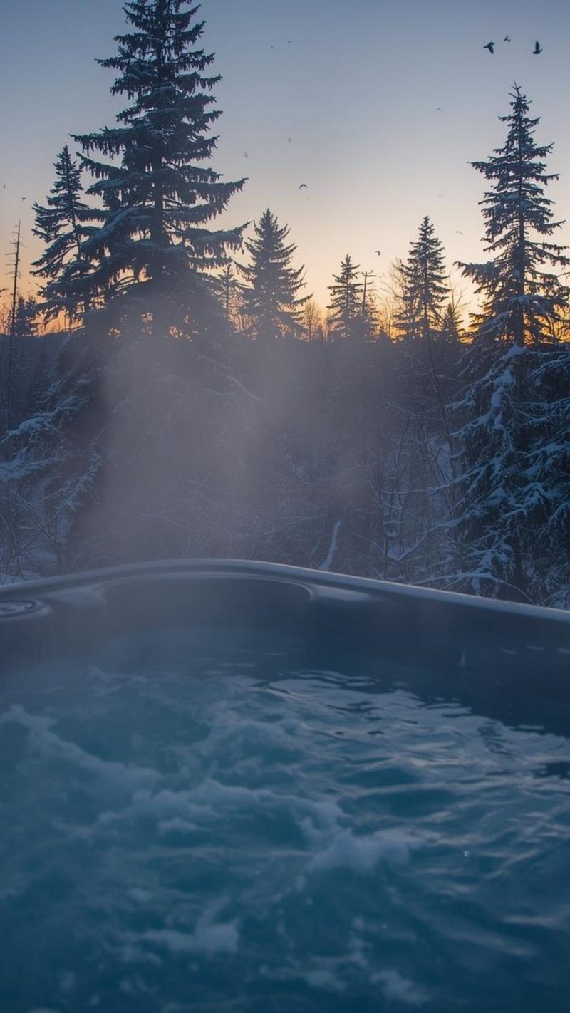 A hot tub steaming in a snowy forest at dusk