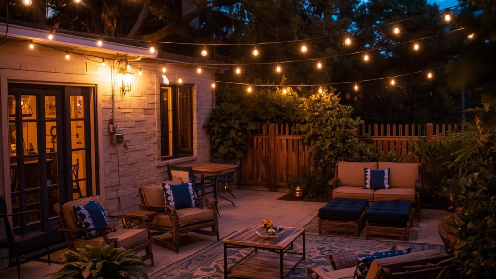 A small patio lit with warm string lights in the evening