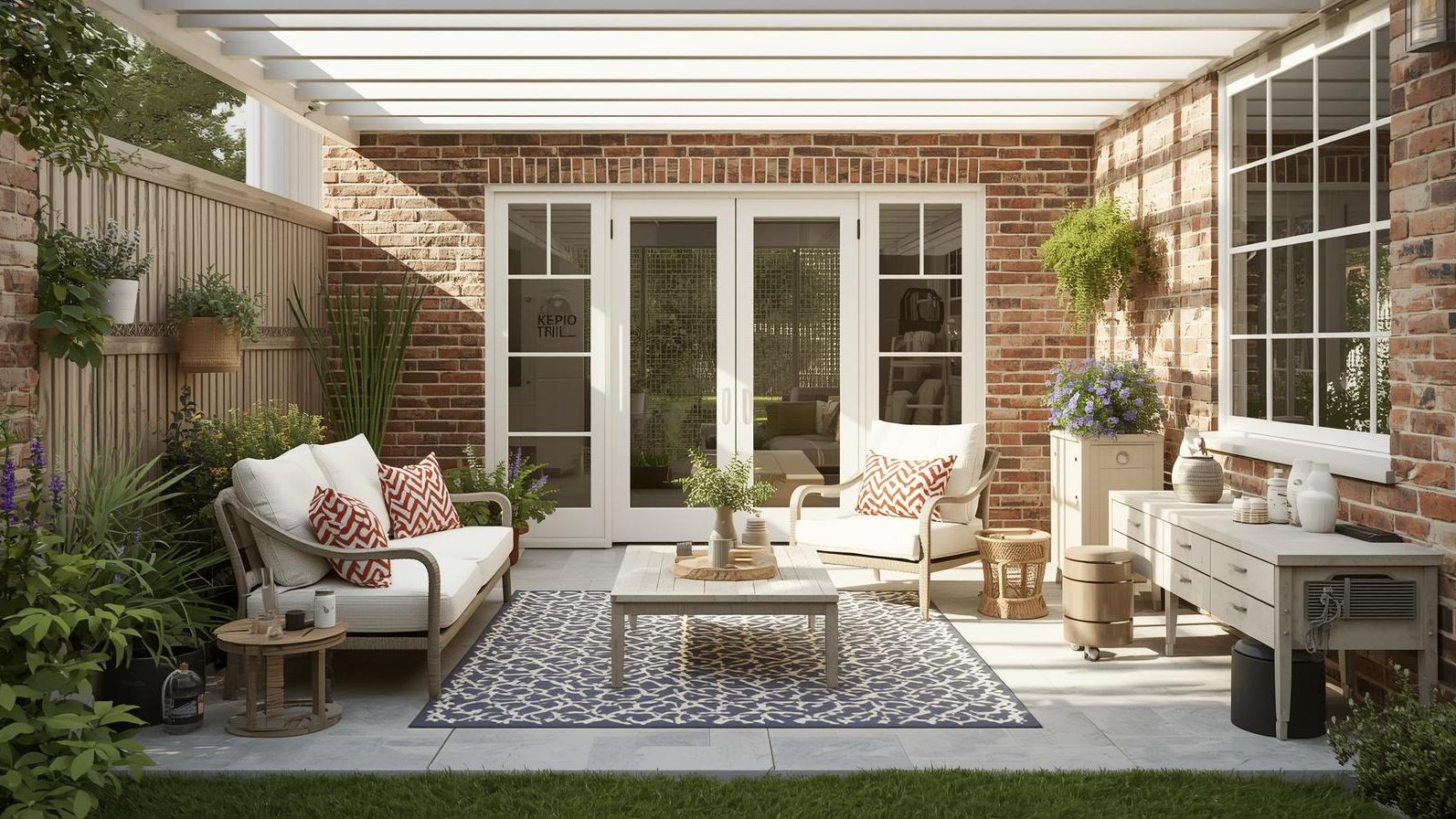 A tidy small patio with seating, a rug and built-in storage