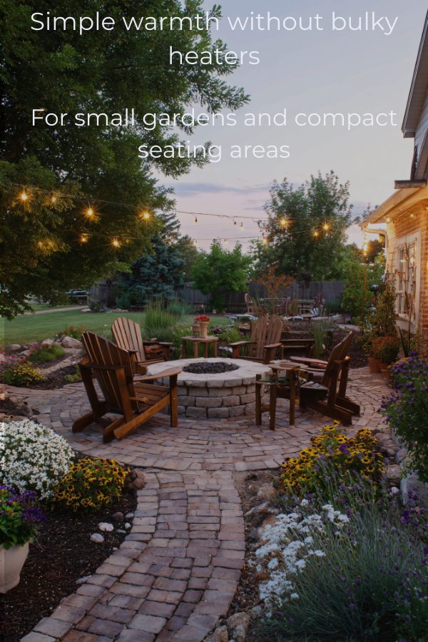 A compact patio with a fire pit and seating, lit with string lights at dusk