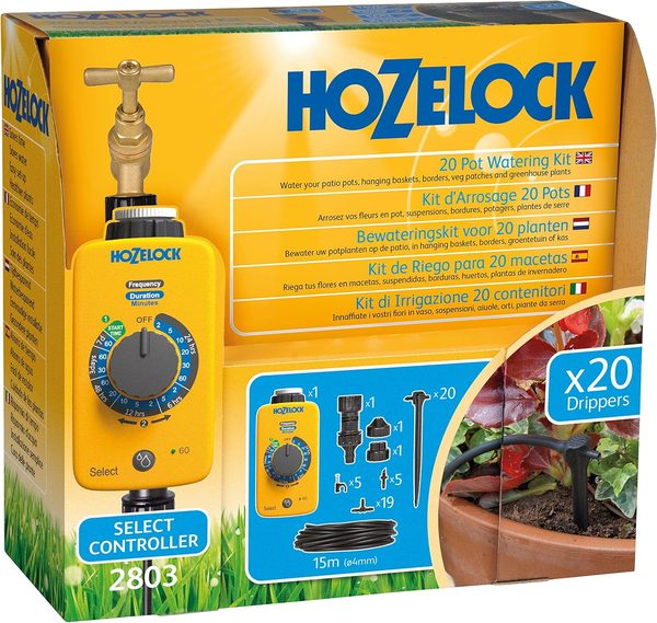 A boxed drip irrigation watering kit with a tap timer